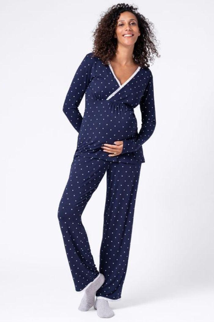 Pyjama grossesse et allaitement à pois – Bleu marine